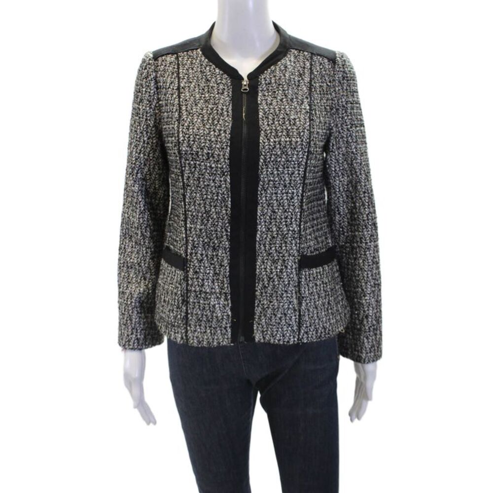 NYDJ Womens Tweed Full Zipper Light Suit Jacket Black White Size 2